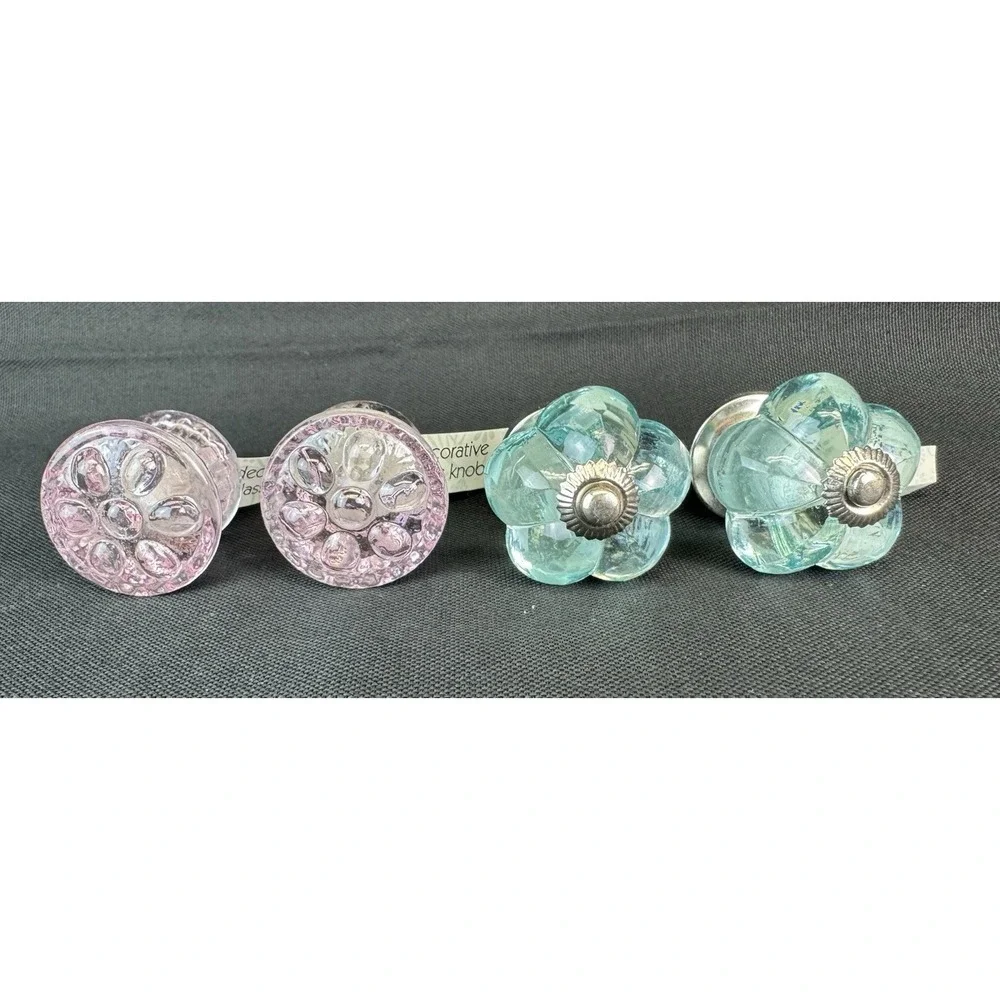 NWT Glass Drawer Pulls Clear Light Pink & Blue Dresser Kitchen Lot Of 4
